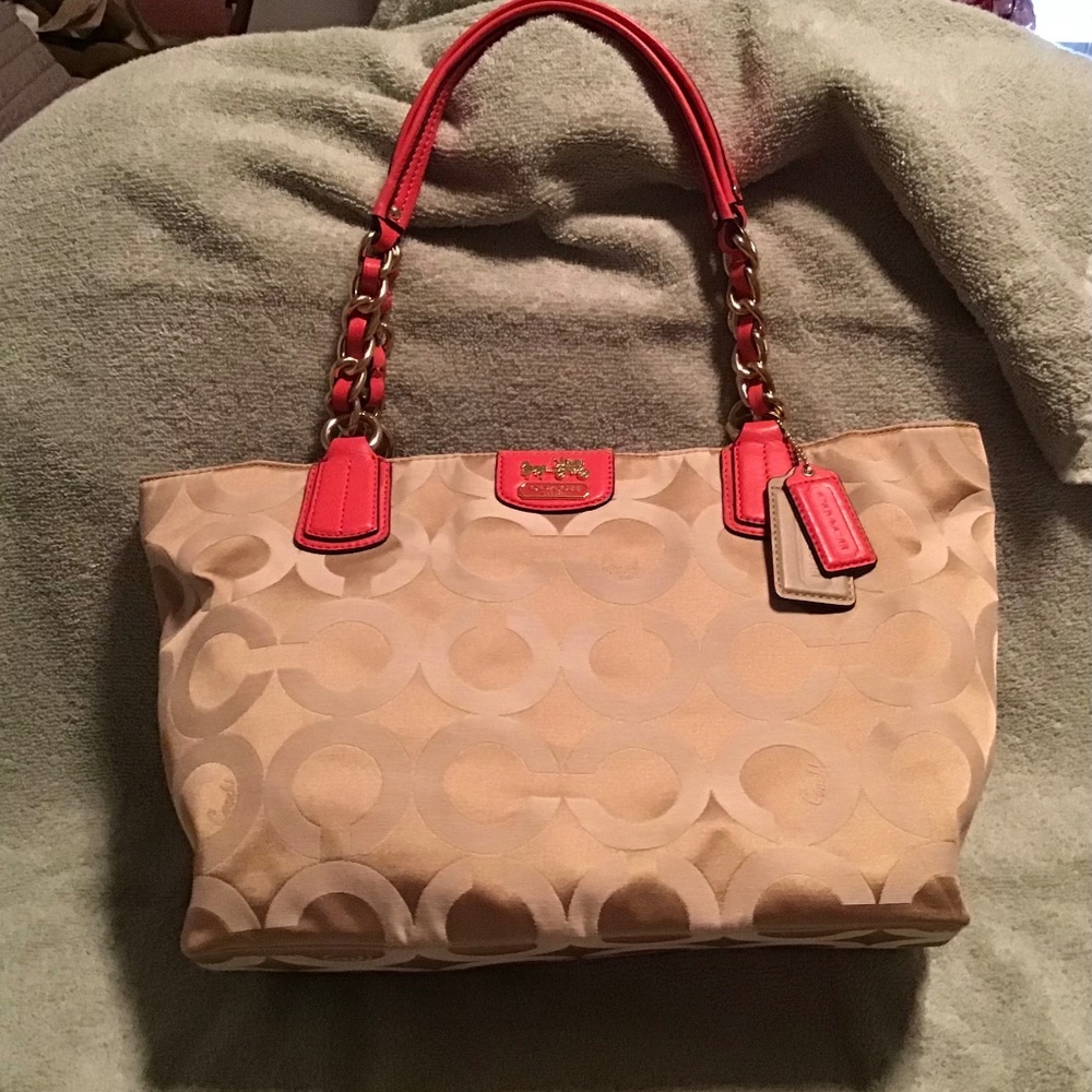 COACH Madison Op Art Signature Gold Sateen w/ Orange Leather Tote #J1221-20481